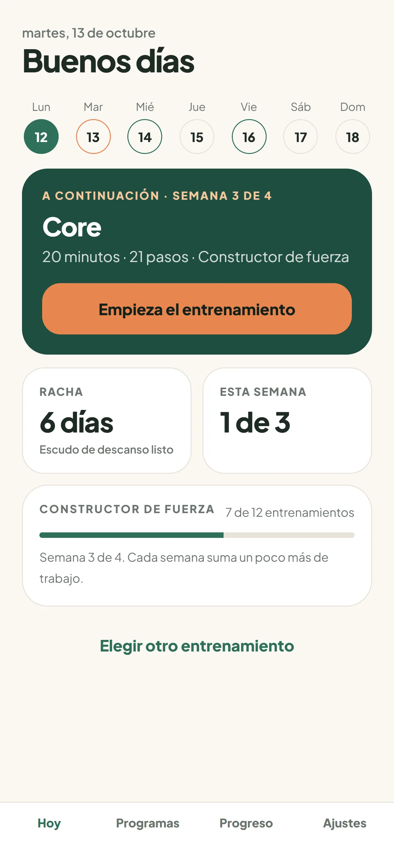 La pantalla Hoy de Tenglow con el próximo entrenamiento, la semana y una racha