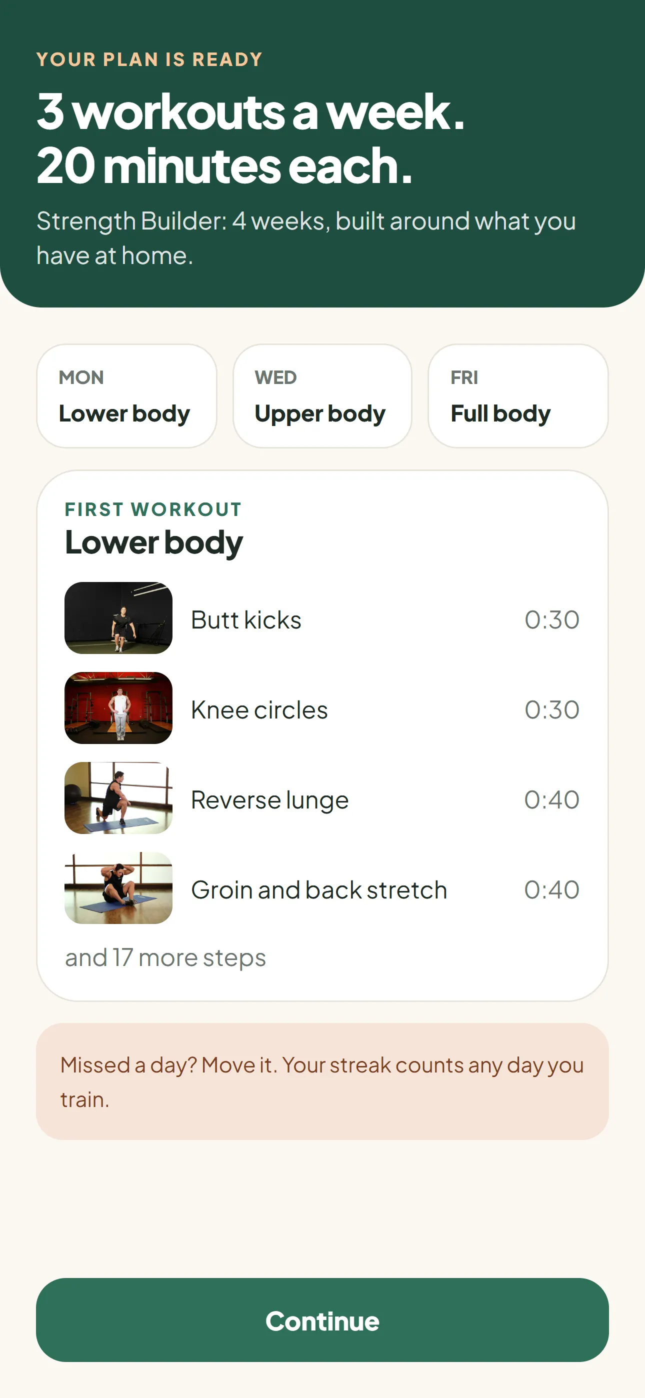 Weekly plan preview with the first workout and exercise photos