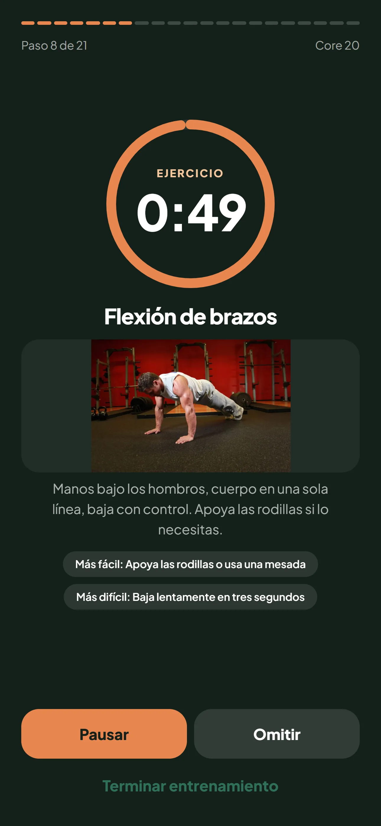 Temporizador del entrenamiento con anillo de cuenta regresiva, foto del ejercicio y botones de peso