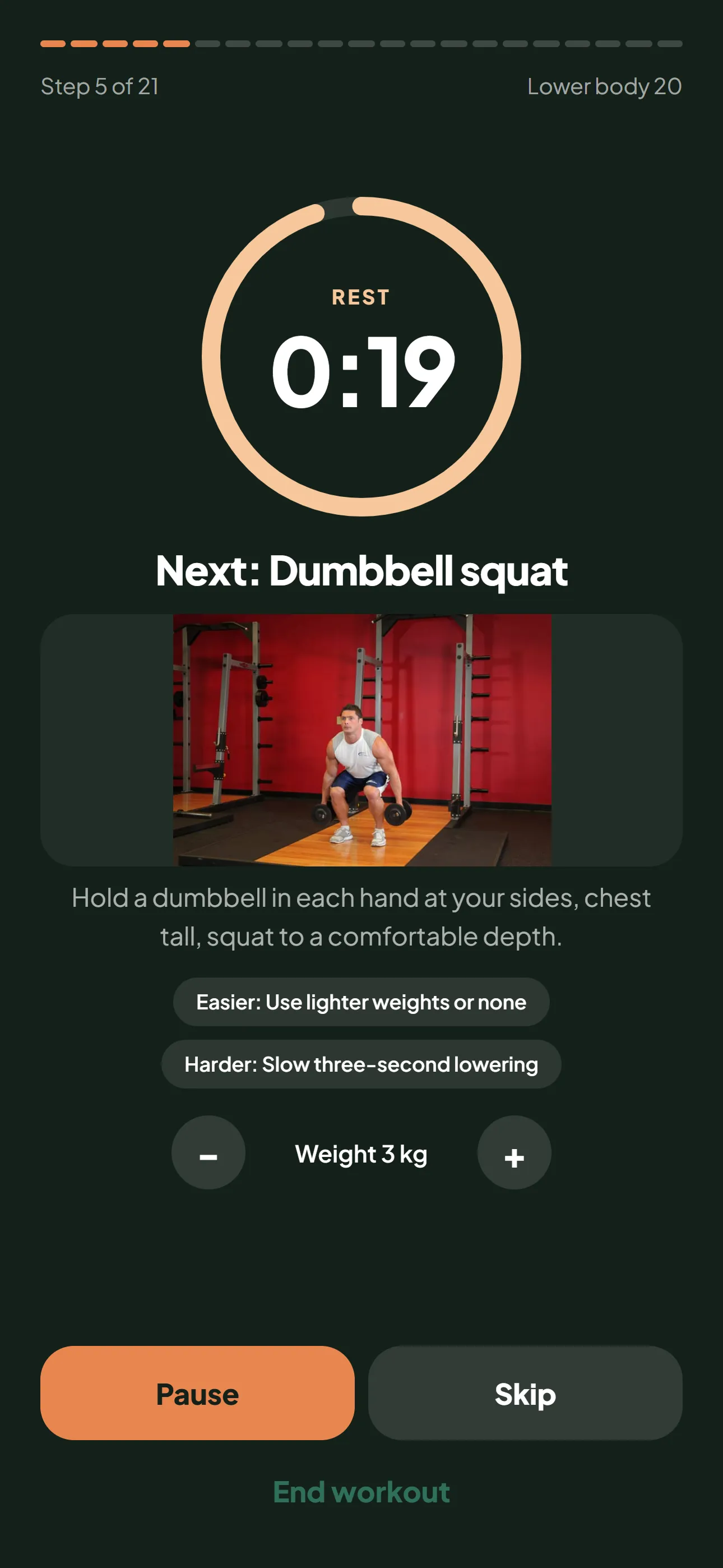 Workout timer with a countdown ring, exercise photo and weight buttons