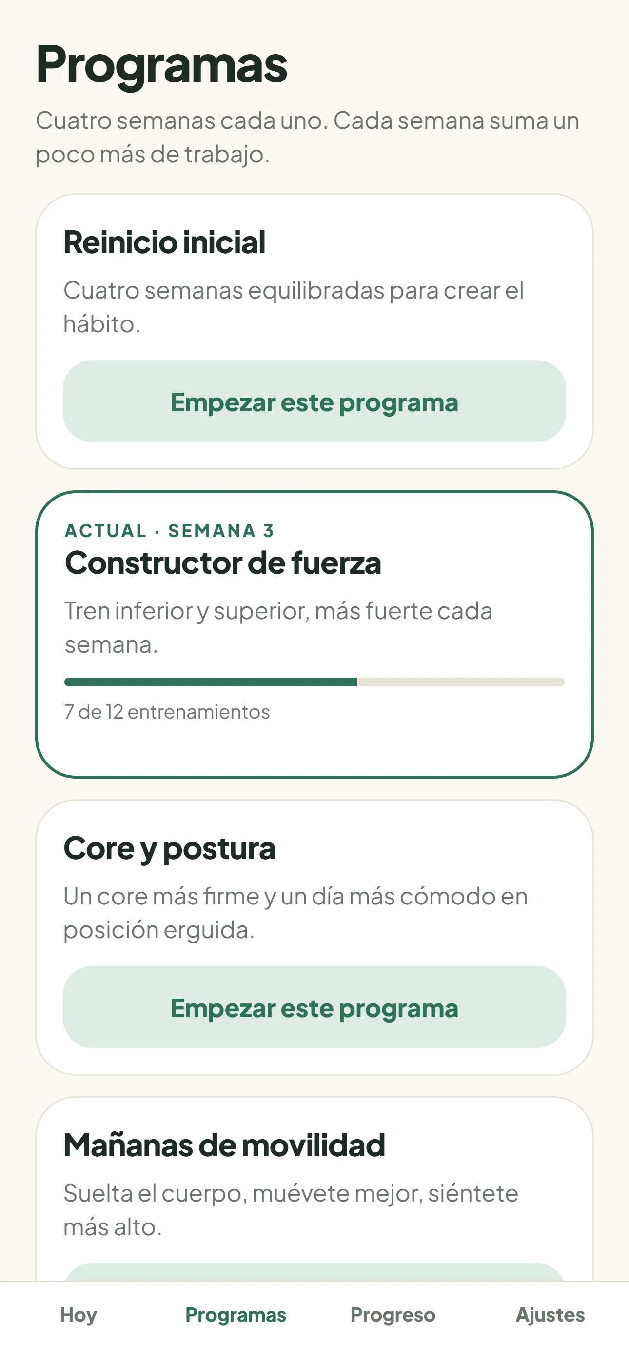 Pantalla de programas con cinco programas de cuatro semanas