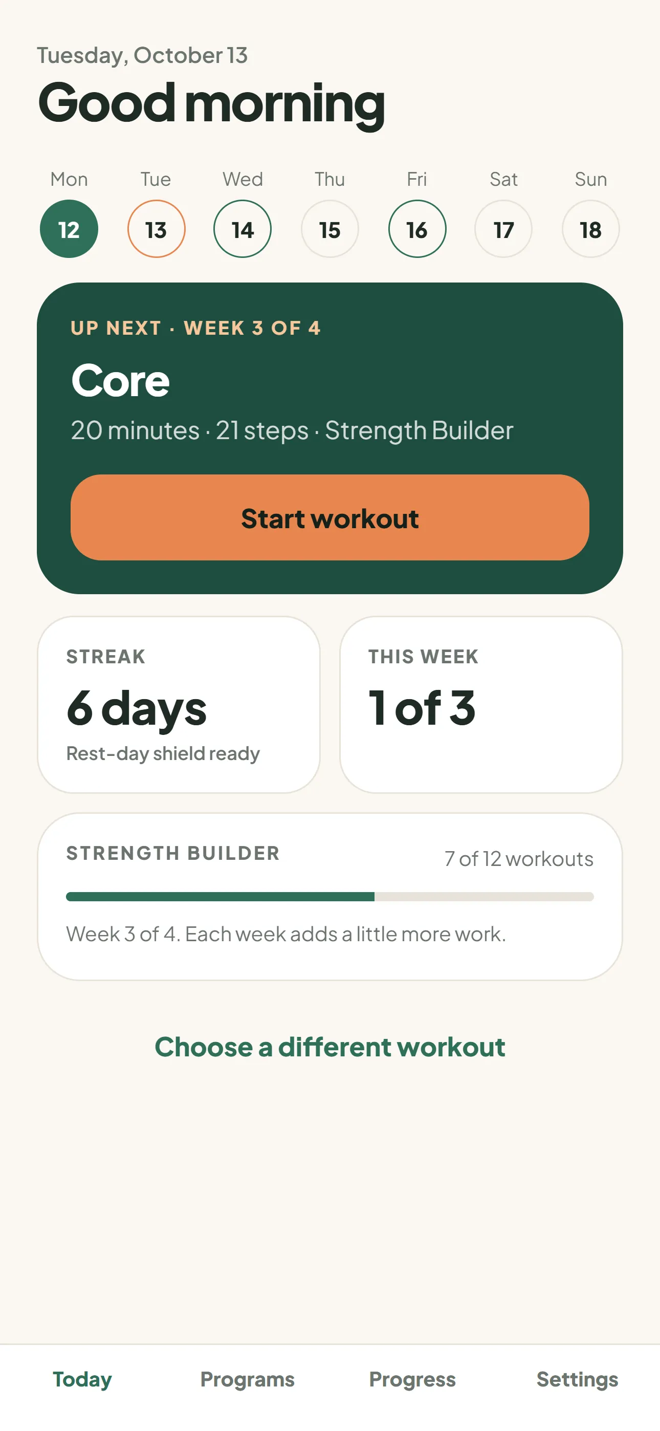 Today screen with the next workout, week strip and streak