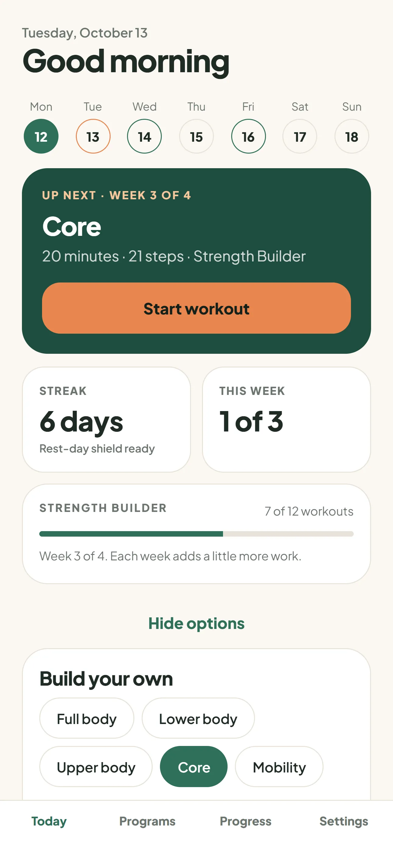 Build your own workout panel with focus and length choices