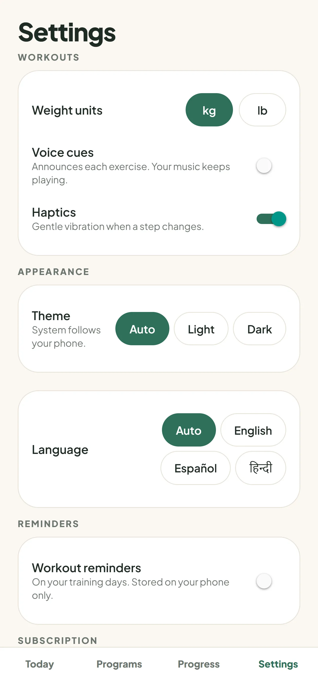 Settings screen with units, voice cues, haptics, theme and reminders