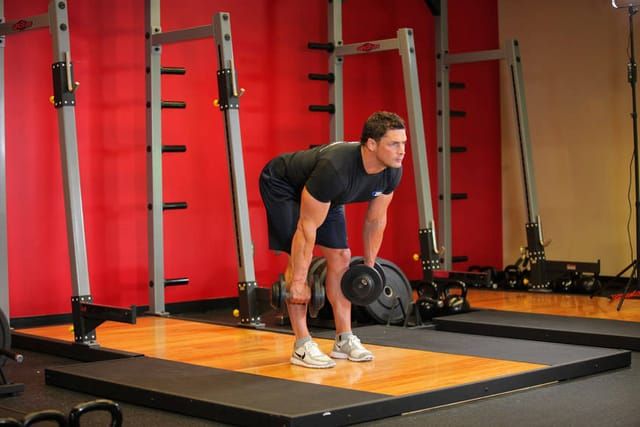 Dumbbell Romanian deadlift, finish position